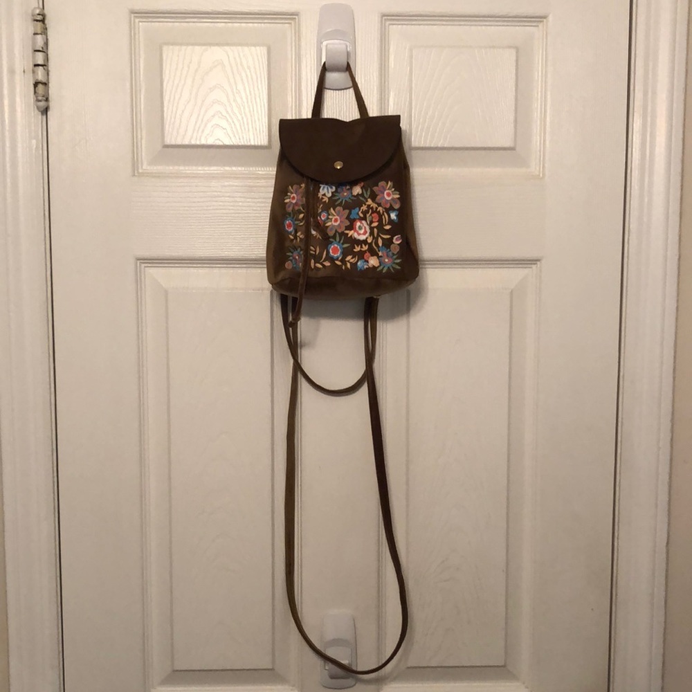 NWT Women's Floral Suede Backpack Bag in Brown/Tan